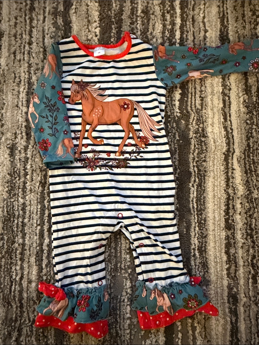 Striped Navy & White Horse One-Piece for Kids - Teal Floral Sleeves